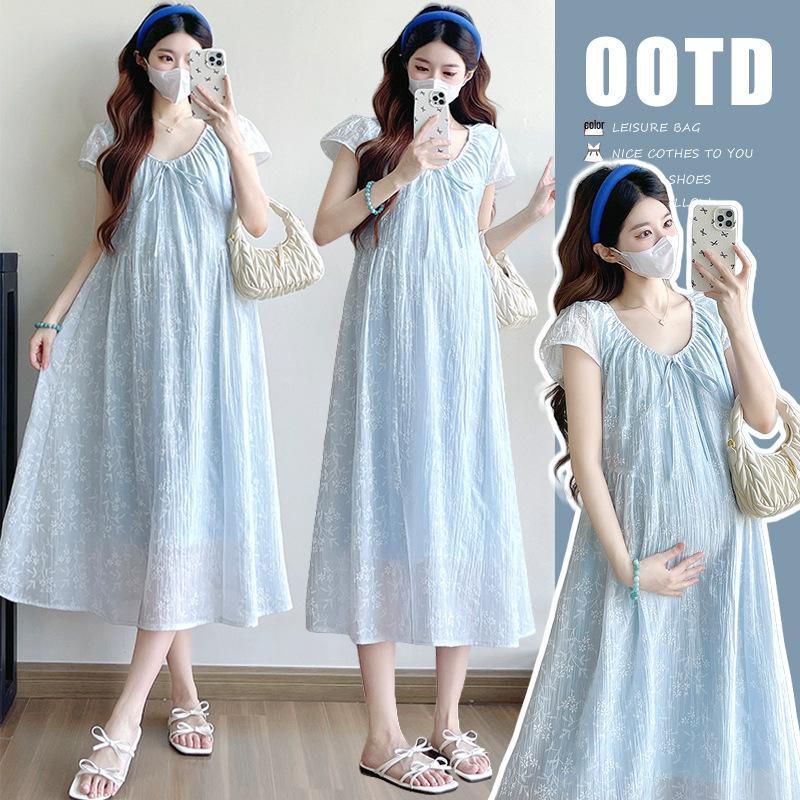 2026 Summer Maternity V-Neck Lace-Up Waist Long Loose Dress 2XL