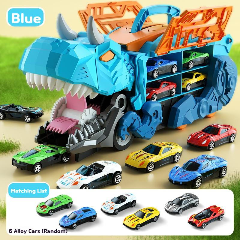 Children's Dinosaur Transport Truck, Containing 6 Alloy Cars, Blue/Green Dinosaur Race Track Storage Vehicle, Boy's Gift