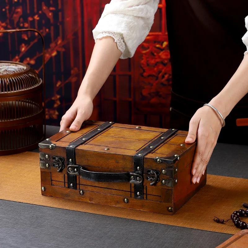 NEW Design Vintage Suitcase Wooden Storage Box W/Handle European Style Treasure Jewelry Chest Storage Case for Home Travel