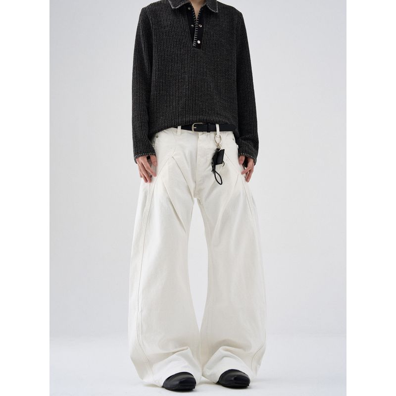 Kisko American Retro Cut Deconstructed White Scimitar Jeans Unisex Trendy Loose Straight Casual Pants