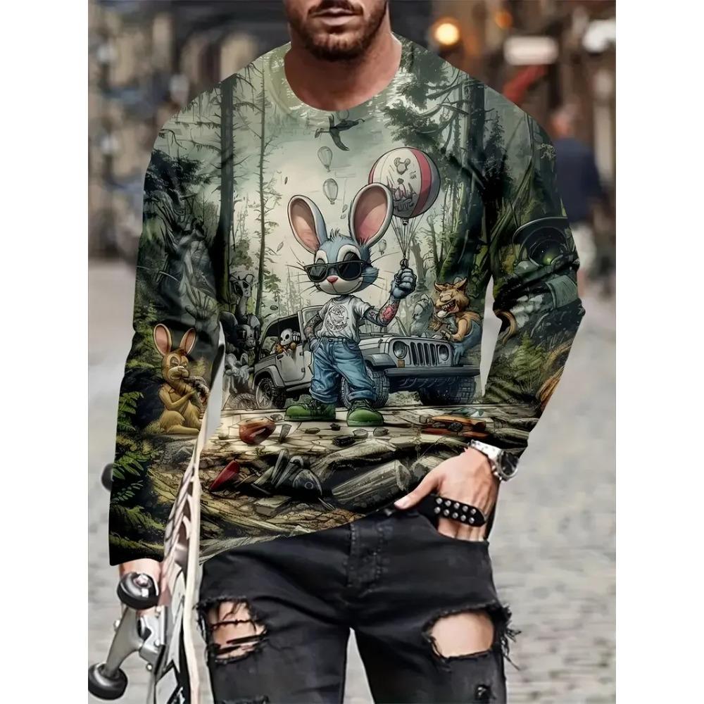 Cartoon Vibrant Rabbit Long Sleeve T-shirt Funny Animal Theme 3D Print T-shirt Man Casual Crew Neck T-shirt