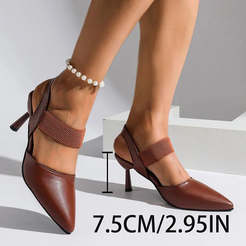 Fashion Elegant Rose Red High Heel Sandals for Women Pu Leather Thin Heels Dress Party Shoes Plus Size Elastic Band Pointed Toe Sandals