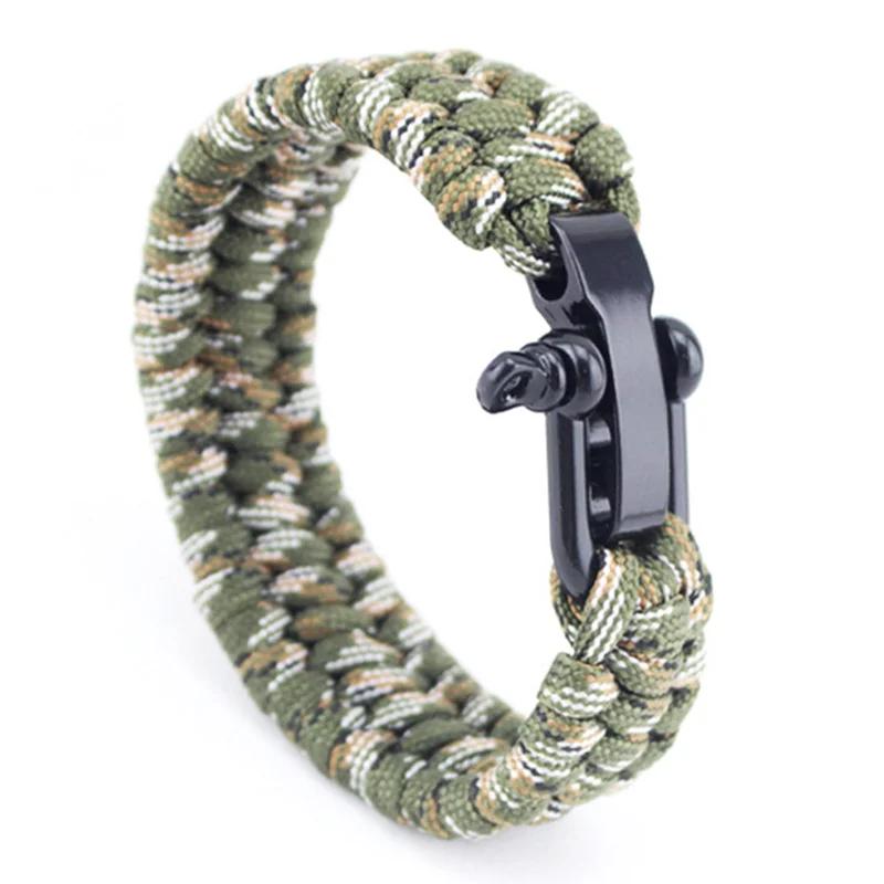 Survival Paracord Bracelet Men Three-Holes Adjustable U-Type Buckle 550 Parachute Rope Outdoor Camping Hiking Emergency