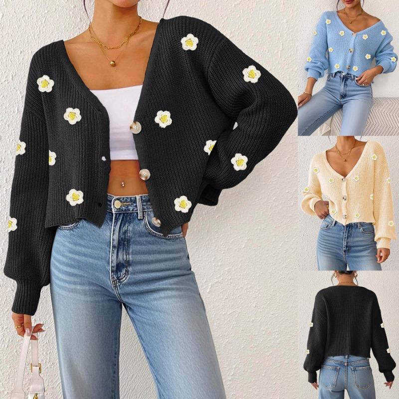 

Женский кардиган ручной вязки с трехмерной цветочной аппликацией, короткая верхняя одежда, женский свитер свободного кроя с длинным рукавом S чёрный