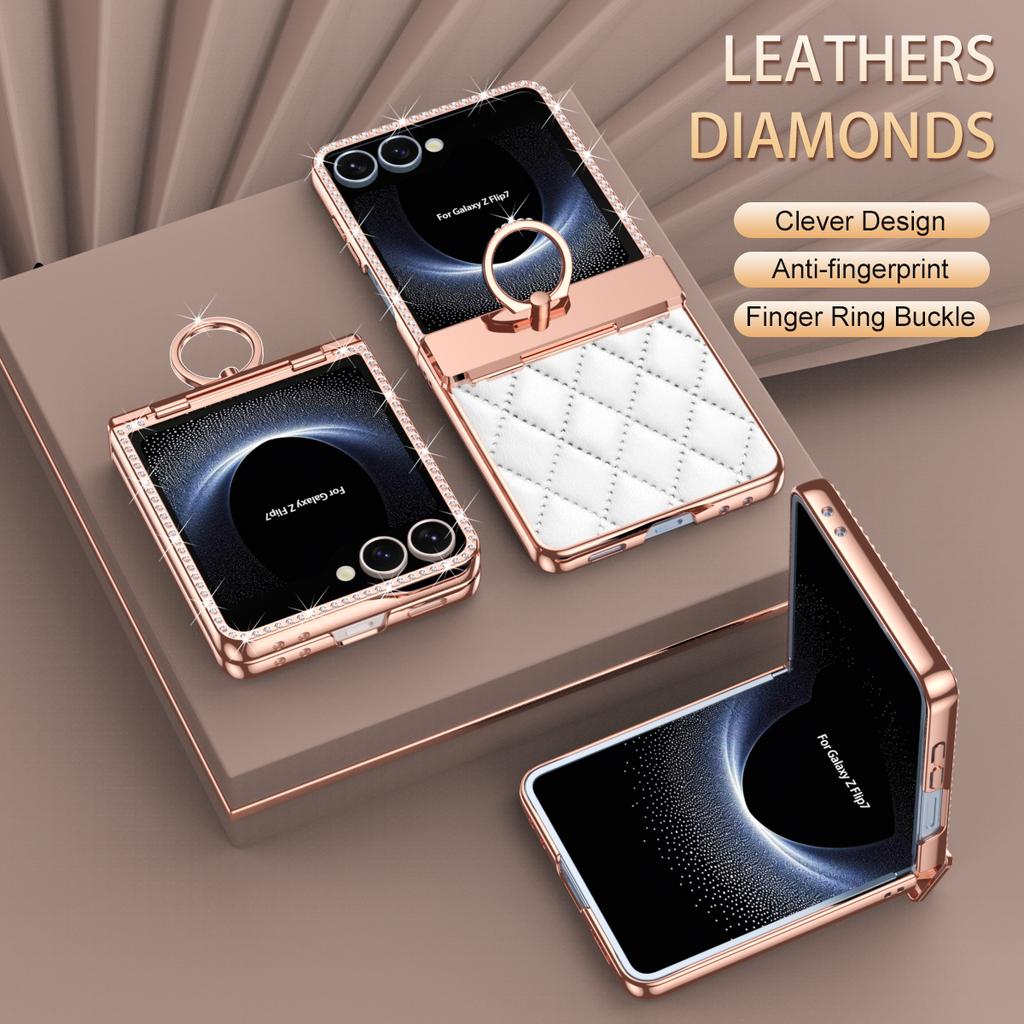 For Samsung Galaxy Z Flip 7 Electroplated Leather Textured Glitter Diamond with Ring Hanging Anti-Fingerprint Phone Case
