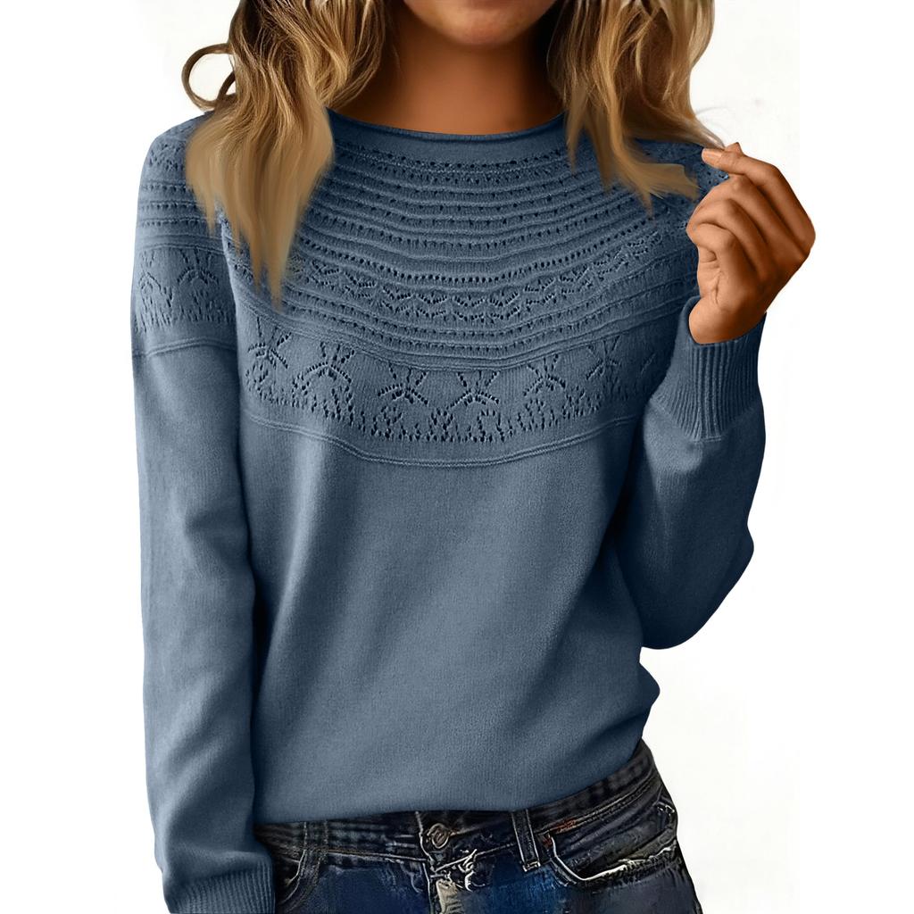 Women's Fashion Rolled-Collar Round Neck Lace-Up Pullover Knit Sweater Long Sleeve Solid Color Sweater