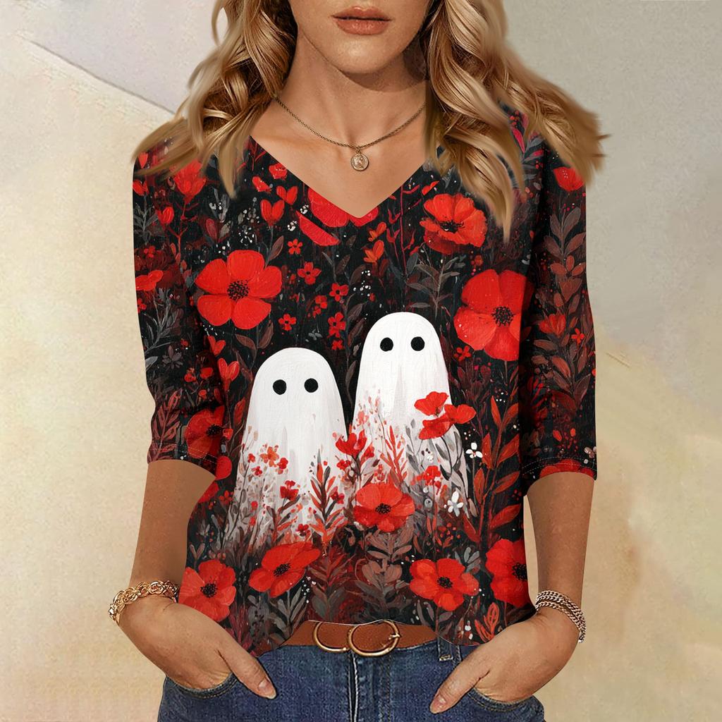 Womens Casual V Neck Three Quarter Sleeve Top Halloween Print Loose Fit Pullover Shirt Lightweight Soft Fabric