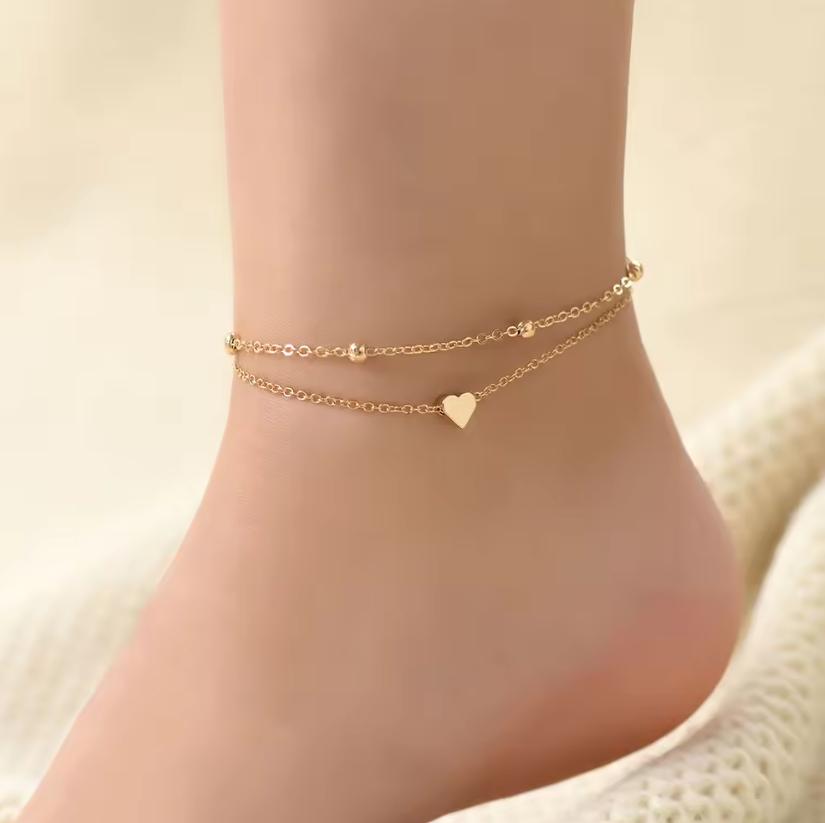 Single-piece Women's Gold Double-layered Heart Anklet, Simple Beach Foot Jewelry, Suitable for Beach Vacations and Leisure Activ