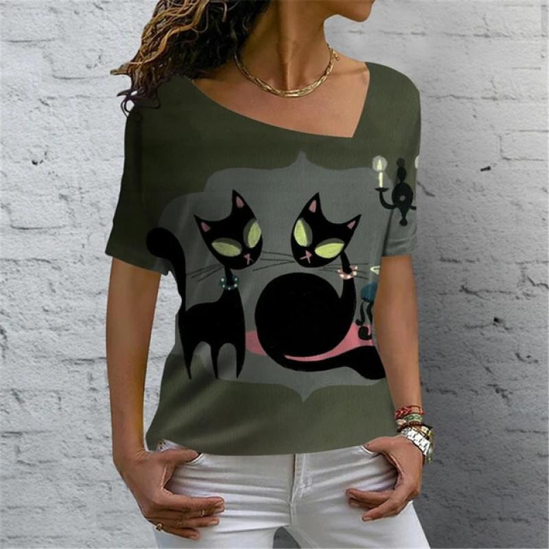Kreslená kočka Digitální 3D tisk Dámské tričko Krátký rukáv Léto Ležérní Šikmý límec Personalizované Žena Dámské topy Oblečení