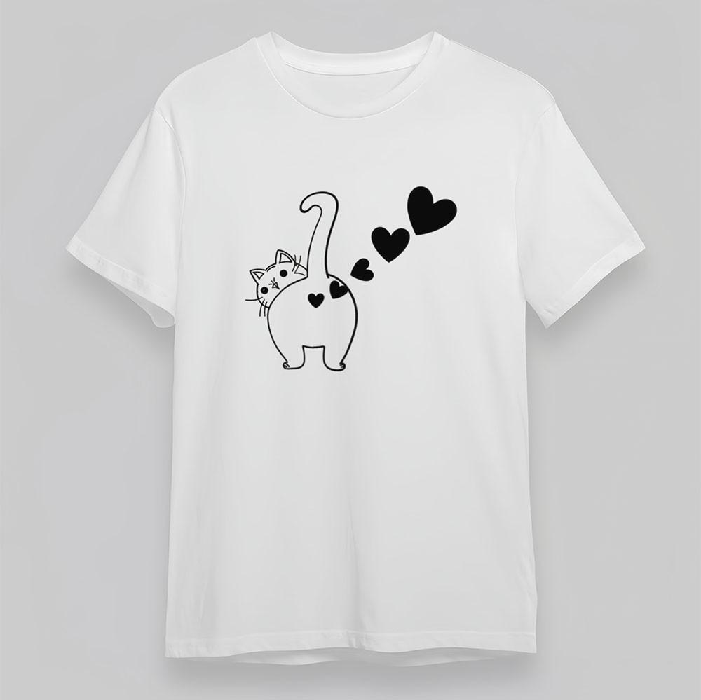 

Women s Oversize T-Shirt Cute Cat Love Hearts Playful Tee White Cotton Short 3XL