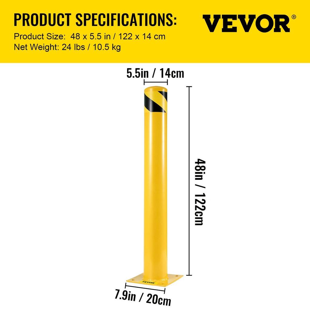 Safety Bollard 48"x5.5", Safety Barrier Bollard 5-1/2" OD 48" Height, Yellow Powder Coat Pipe Steel Safety Barrier, with 4 Free Anchor Bolts, for