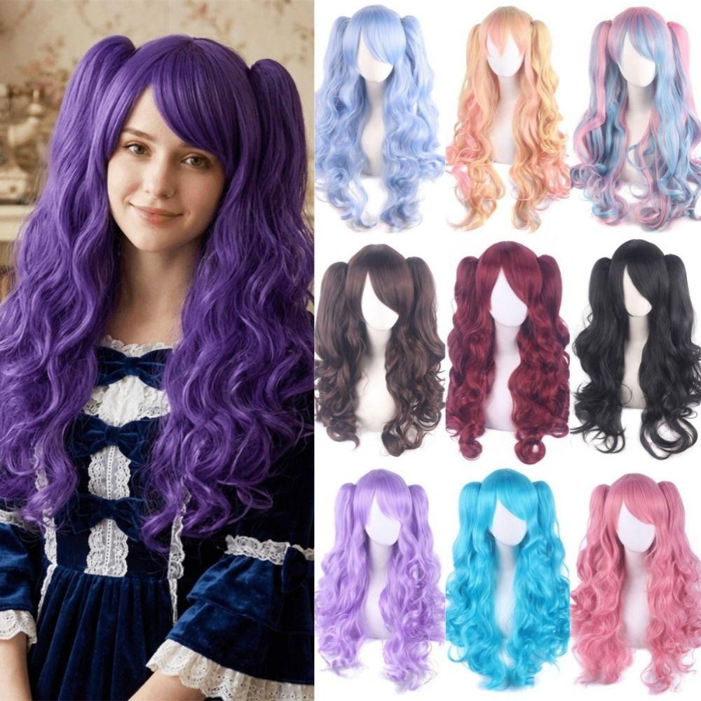 80cm Long Curly Cosplay Wig with 2 Ponytails Women Layered Wigs Pink Blue Gold Curly Wigs  Carnival