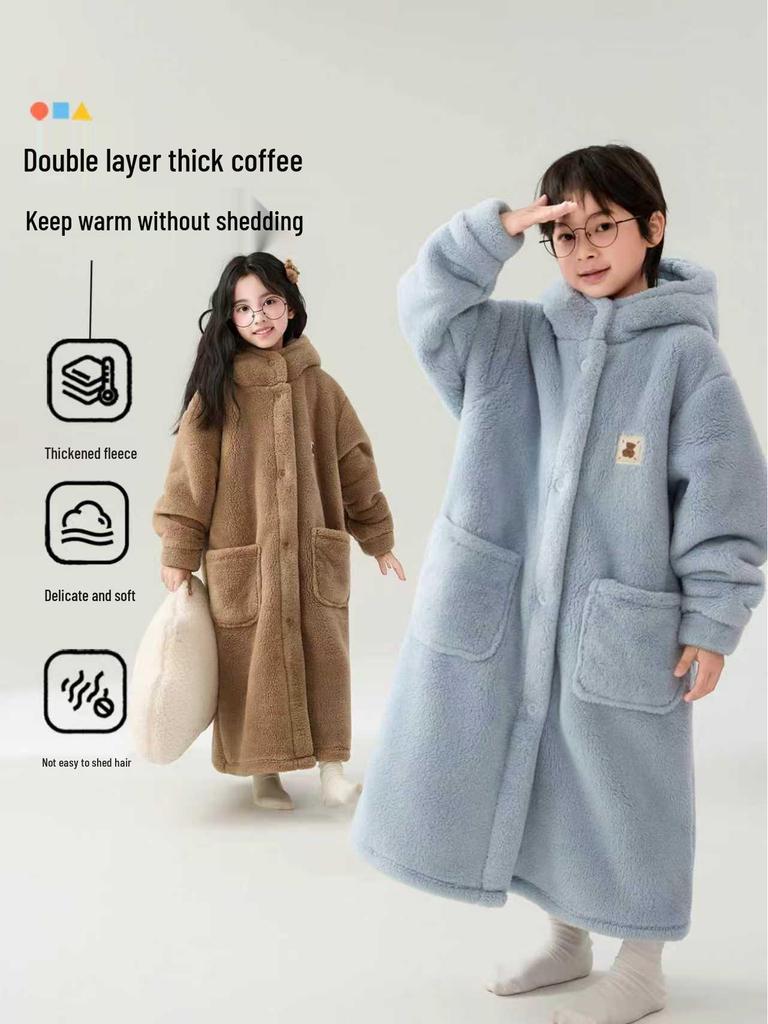 Kids' Winter Coral Fleece Bathrobe - Double-Layer Warm Pajamas for Boys or Girls