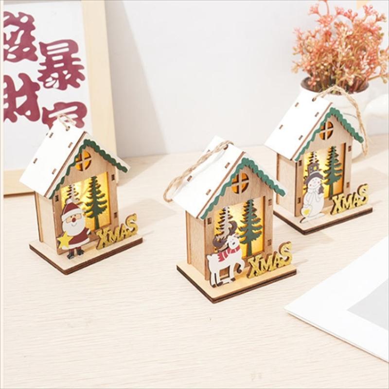 Wooden Christmas House Ornament Battery Power LED Lights Safe Flameless Decoration For Home Christmas Tree Party Crafts