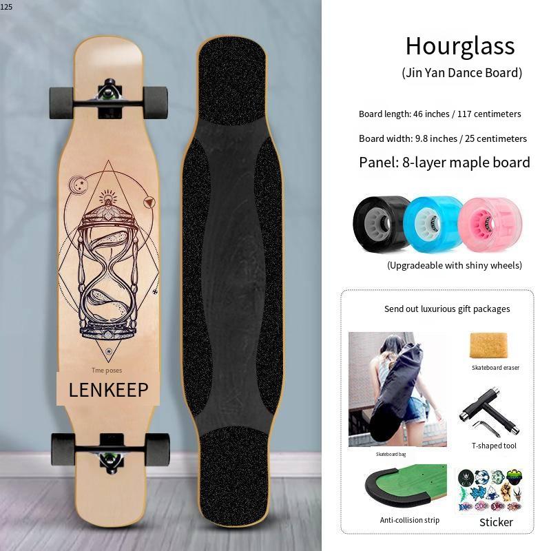 46IN Big Longboard Skateboard Boys Girls Beginners Adults Four-Wheel Street-Style Professional Double Rocker Maple Wood Dyed
