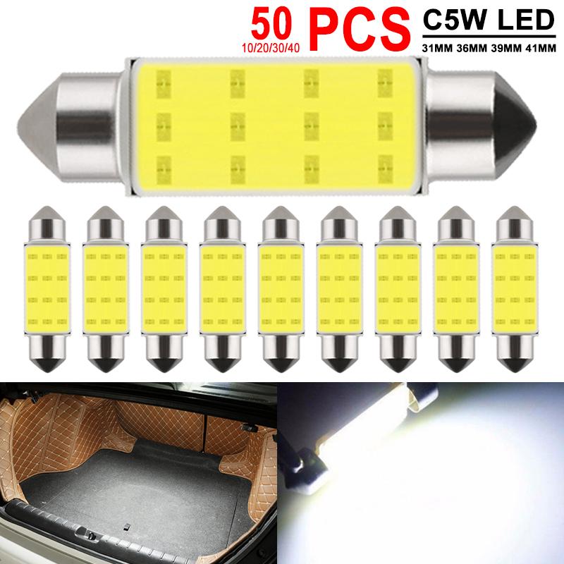 10/20/30/50 PCS C10W C5W LED Bulb Festoon 31/36/39/10MM COB 12V 7000K White Car Interior Dome Reading Linse Plate Trunk Lights