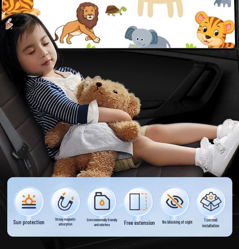 Children's Car Sunshade: Heat-Blocking, Retractable Magnetic Curtain with Cartoon Design for Baby Privacy