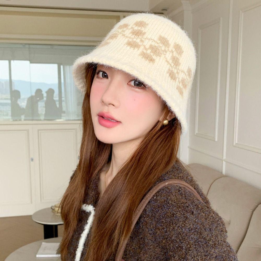 Sweet Floral Knitted Bucket Hat Retro Warm Fisherman Hat Jacquard Woolen Hat  Autumn and Winter