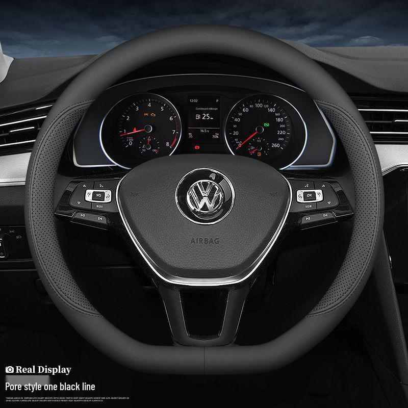 Volkswagen Steering Wheel Cover for Lavida, Bora, Sagitar, Magotan, Santana, Lamando, Tiguan L, Tayron - Four Seasons Genuine Leather.