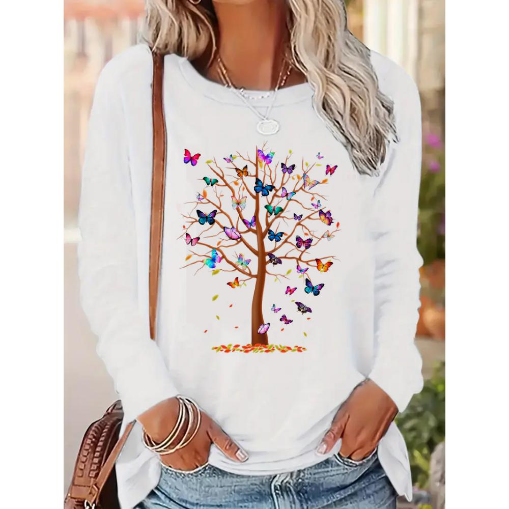 Long Sleeve T-Shirt Butterfly Tree Print Harajuku Shirt Funny Gothic T Shirt Women s Casual Print Crew Neck Top Tee Tshirt XL