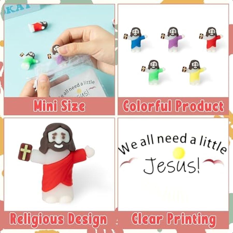 Mini Jesus Figurines Bulk 75Set Colorful Little Jesus Easter Toy with Prayer Cards Organza Bag Religious Party Gifts Pack Churc