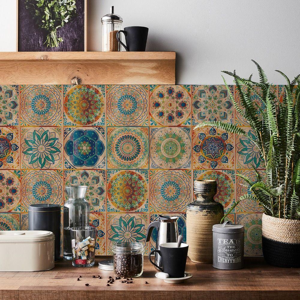 24Pcs/Set Mandala Style Ceramics Wall Sticker 10/15/20cm Vintage Tile Decoration Film Self Adhesive Waterproof