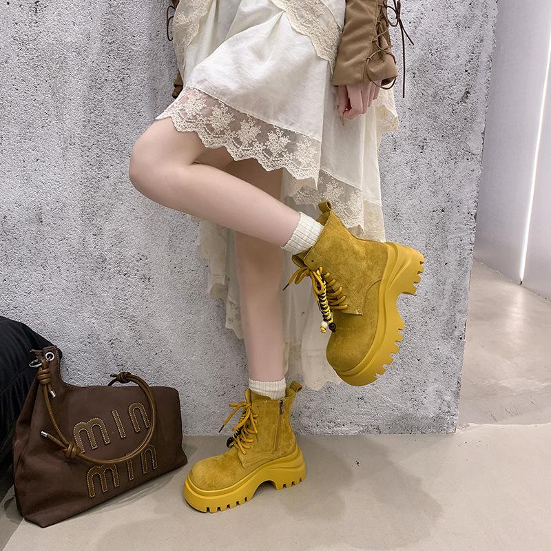 Süße und coole einfache vielseitige lässige Martin-Stiefel Herbst und Winter super dicker Absatz dicke Sohle Damenstiefel Britischer Stil Schnürung dicker Absatz