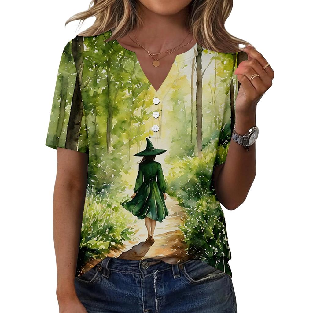 Women's Casual Halloween Printed V-Neck Short Sleeve Button Front T-Shirt Top