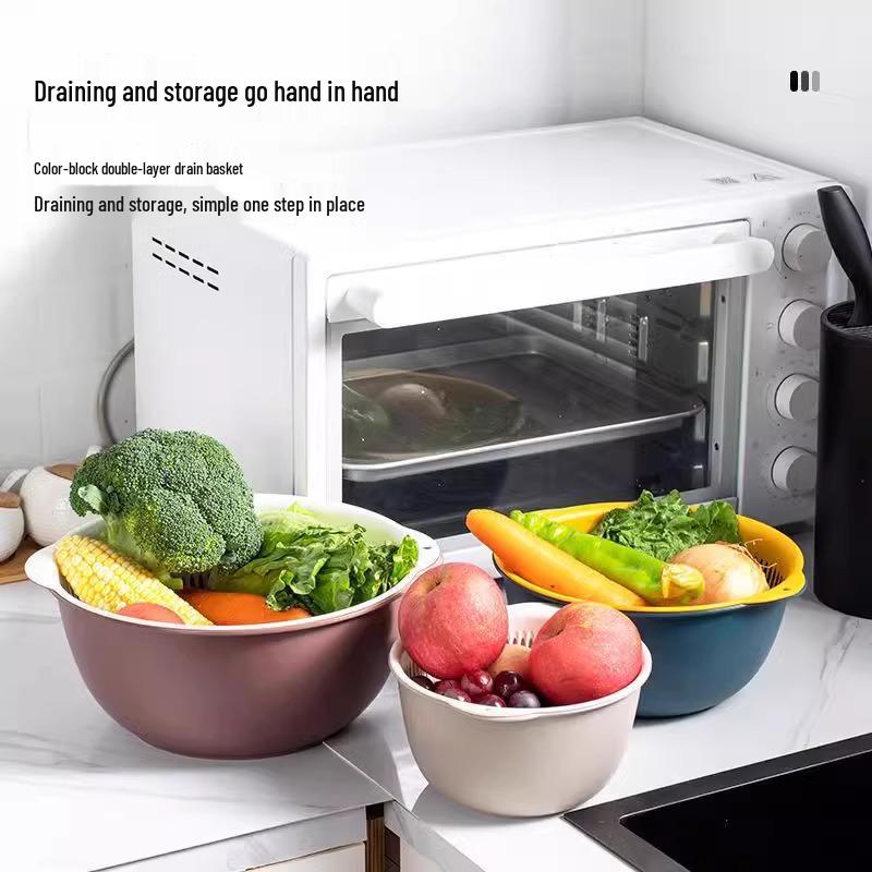 Six-Piece Double Layer Vegetable Washing Basin & Colander Set - Kitchen & Living Room Wash Basket