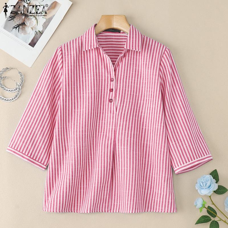 ZANZEA Women Turn Down Collar Loose 3/4 Sleeve Casual Stripe Blouse