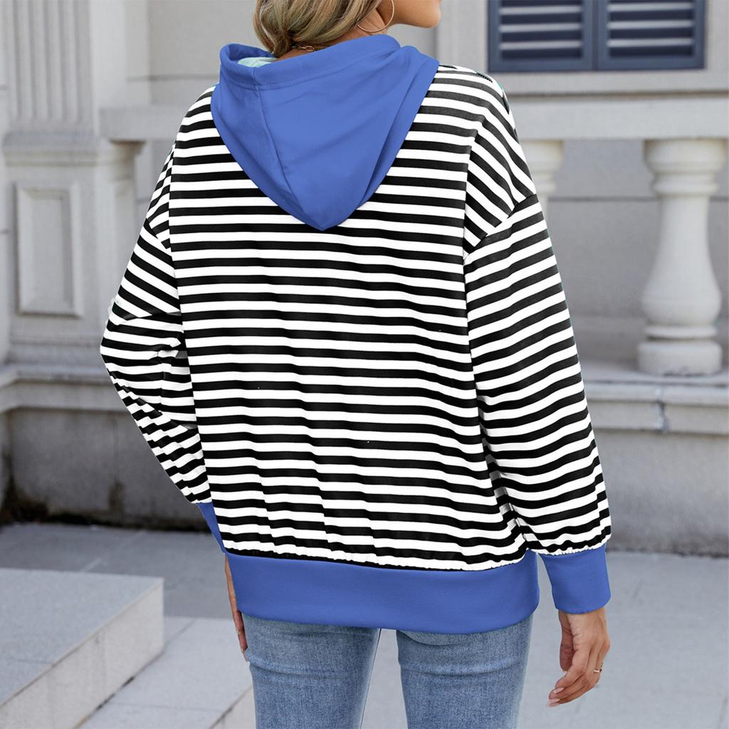 Damen Modischer Lässiger Gestreifter Kapuzenpullover mit Tasche Locker Langärmlig