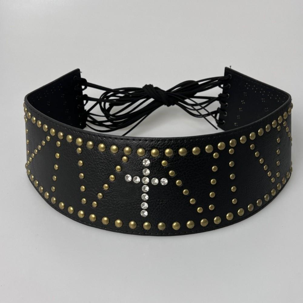 Wide Leather Waist Belt Vintage Women's Dress Belt Retro Cross Rivet Belt  Streetwear