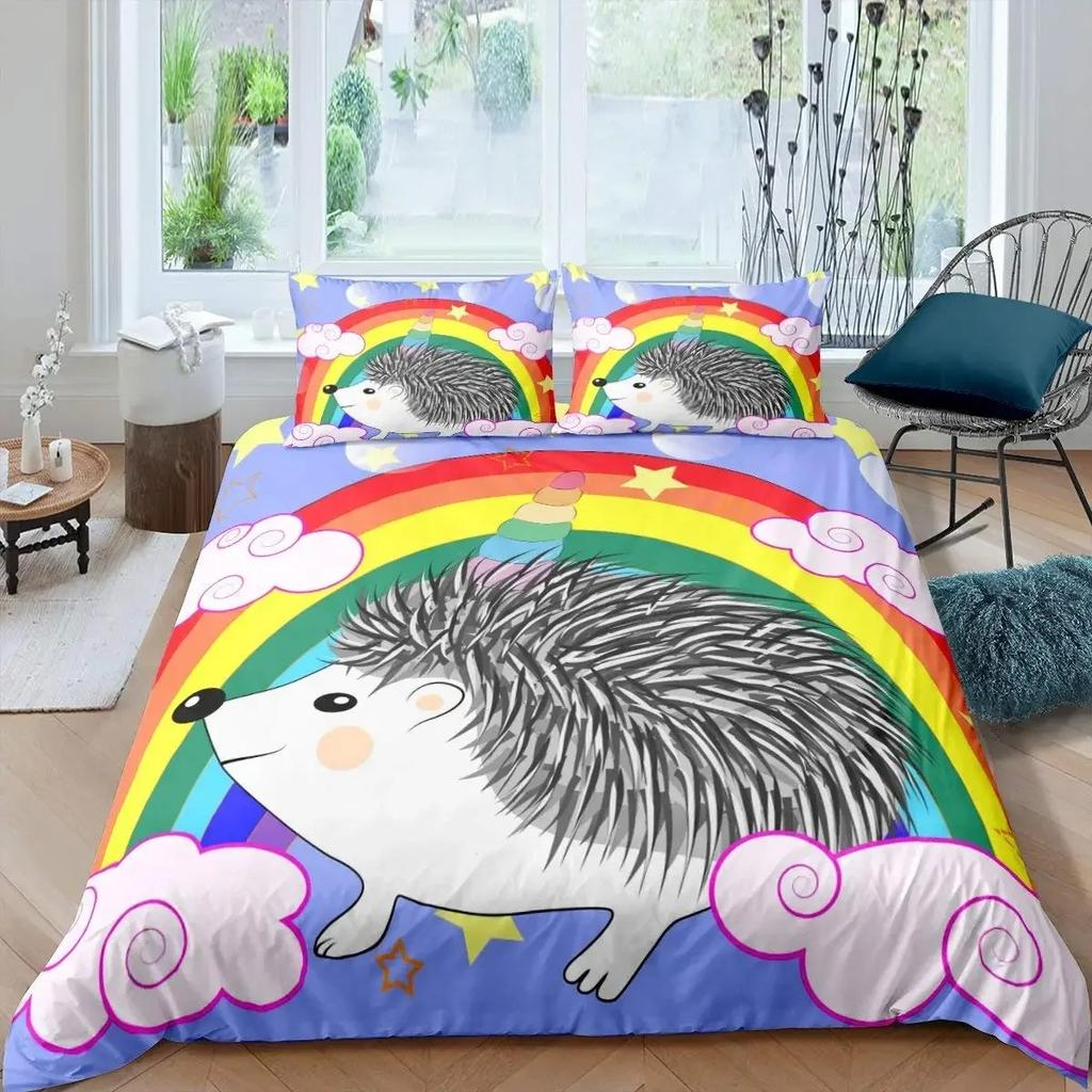 Hedgehog Duvet Cover Mushroom For Boys Teens Cute Cartoon Wild Animal Pinecone Tree Leaf Quilt Cover Autumn Leaves Room Decor