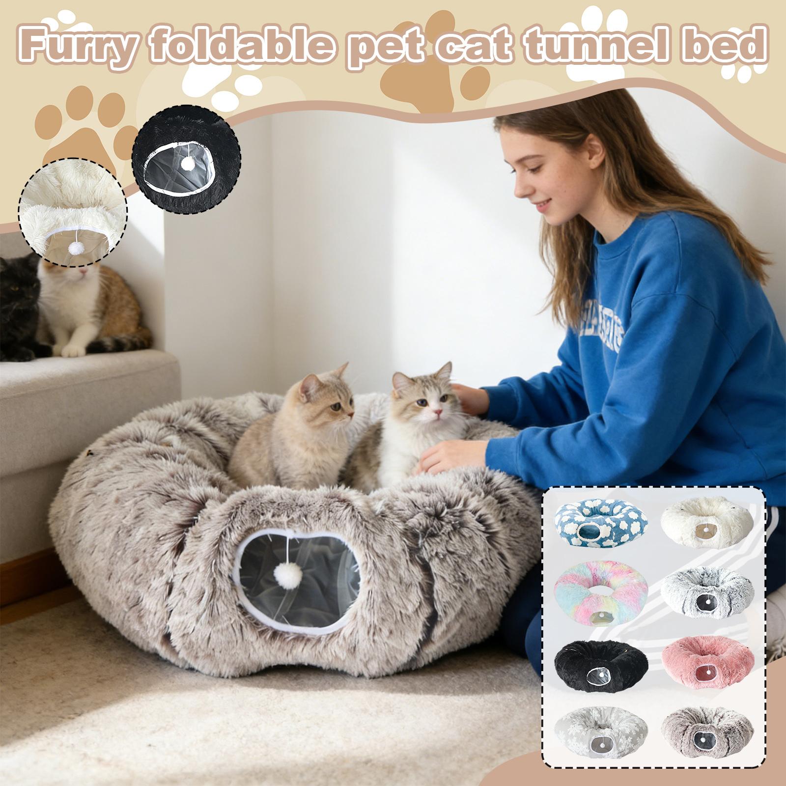 Plush Foldable Donut Cats Tunnel - Warm PV Fleece Cats Cave With Hanging Pom-Pom Toy, Self-Entertaining Pet Hideout & Rest Bed For Cats
