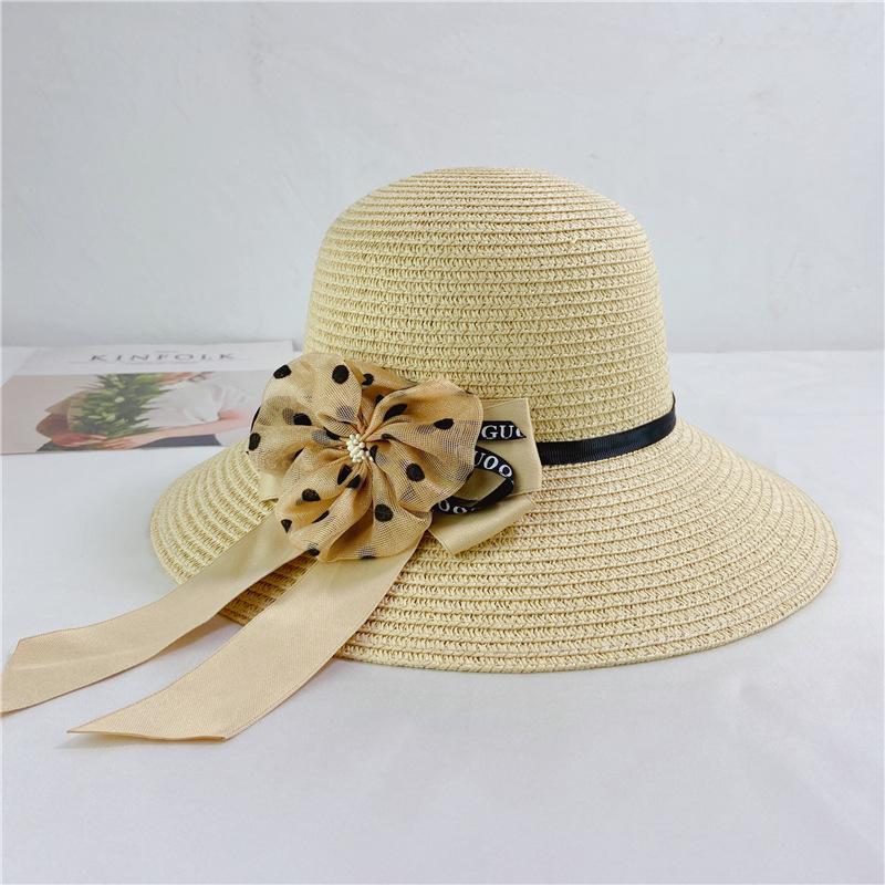 Bucket hat trendy breathable sun protection sun bow hat women's summer big brim straw hat shade beach hat