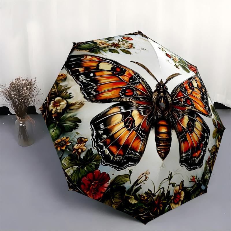 1pc Butterfly Floral Automatic Open/Close Umbrella with Windproof, Functional Design, 8-Rib Sturdy Canopy