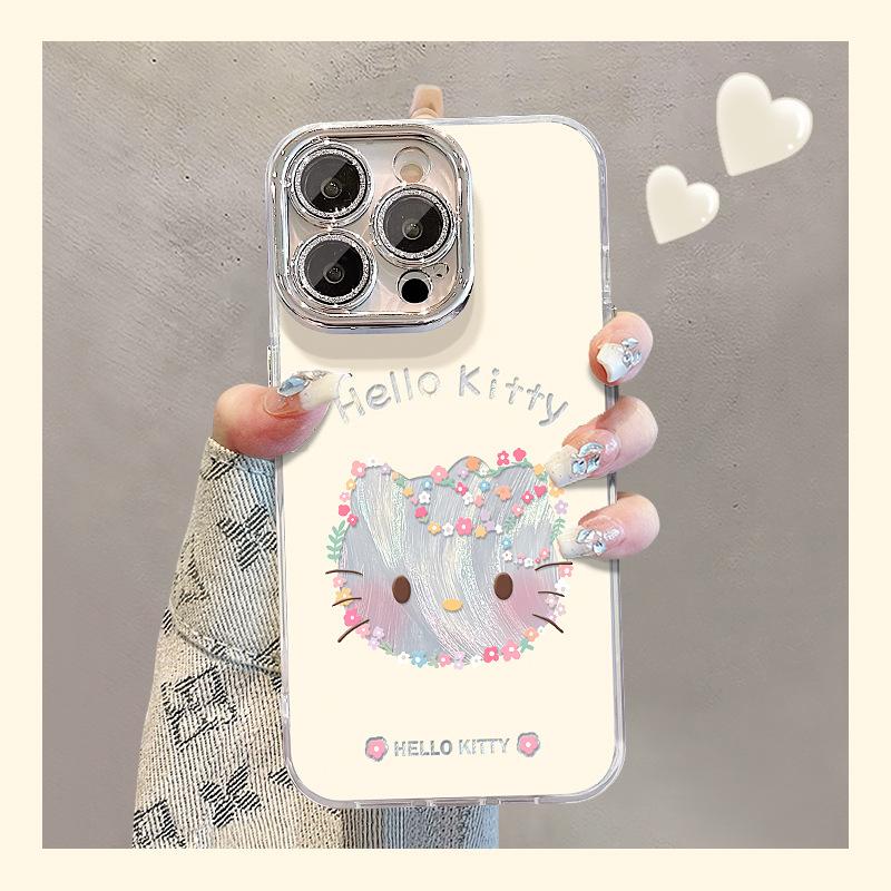 Cute floral cat is suitable for Apple 17 mobile phone case iphone15promax feather yarn 16 lens film 14 anti-drop