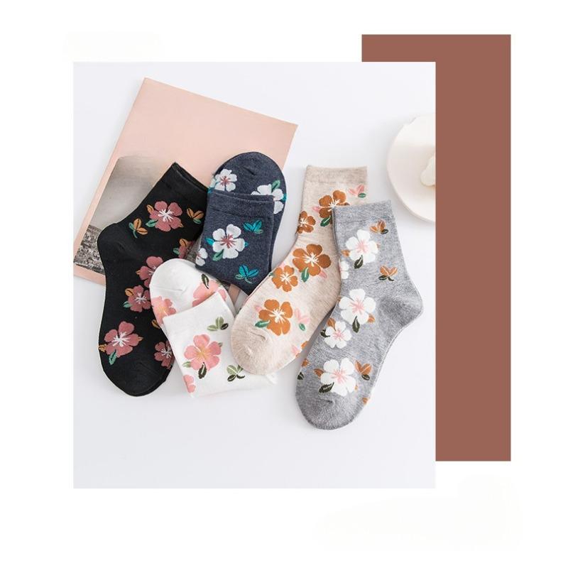 10 Pairs Women Floral Cotton Vintage Patterned Crew Middle Tube Socks Novelty Ankle Ruffled Warm Casual Sock