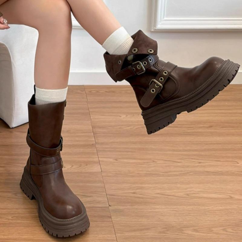 Martin boots women's new spring and autumn single boots retro women's shoes medium boots thick-soled black short boots