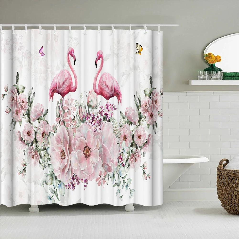 Tropical Plant Flamingo Shower Curtains Green Leaves Waterproof Polyester Fabric Home Decoration Bath Screen Bathroom Accessorie