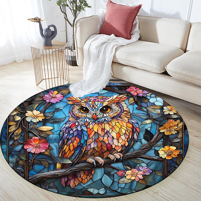 Owls and Flowers Round Area Rug,Carpet Rug for Living Room Bedroom Sofa Playroom Decor,Non-slip Floor Mat