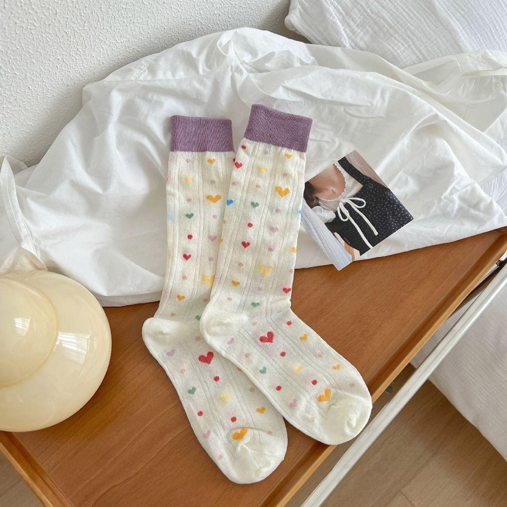

Bowknot Heart Mid Tube Socks Stripe Love Dot Calf Socks Breathable Girls синий
