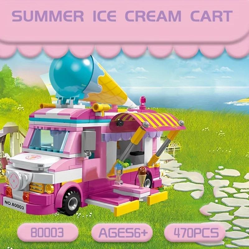Ice Cream Truck Building Blocks City Street View Pink Car Ice Cream Store Asembly Bricks Children DIY Toys Holiday Gifts