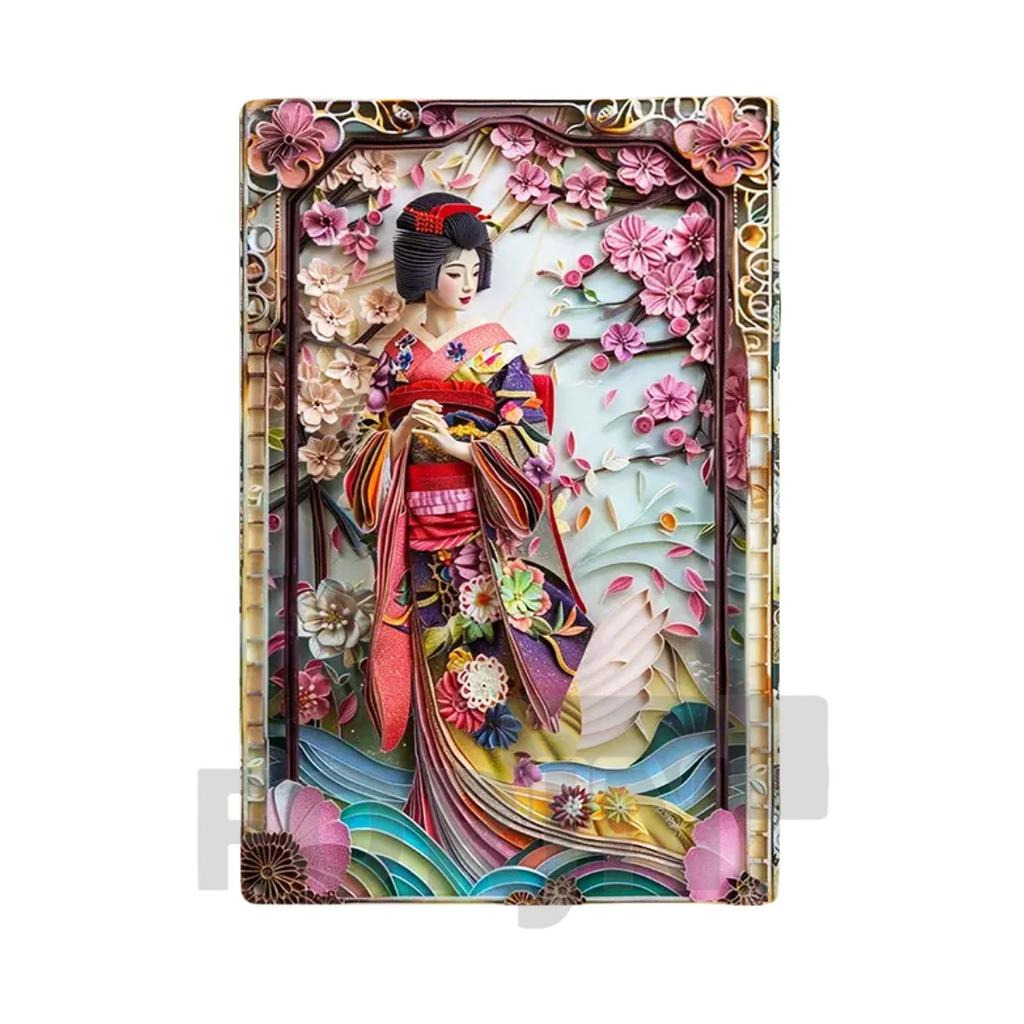 2D Japanisches Kunstposter Kimono Kirschblüten, elegantes Retro Geisha Metallschild, Zuhause, Zimmer, Büro, Izakaya, Café, Studio Wanddekor