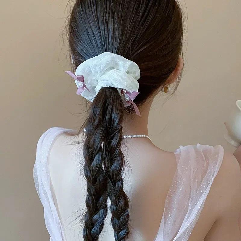 Pink Bow Sweet Satin Checkerboard Bow Hair Tie Women Ponytail Cute Hair Ring Fashion Hair Accessories