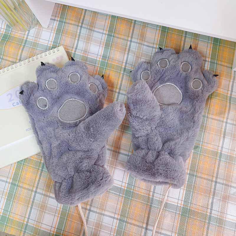 Men's & Women's Cute Korean Style Plush Paw Gloves - Fleece Lined, Winter Warm, Thickened Full Finger Design