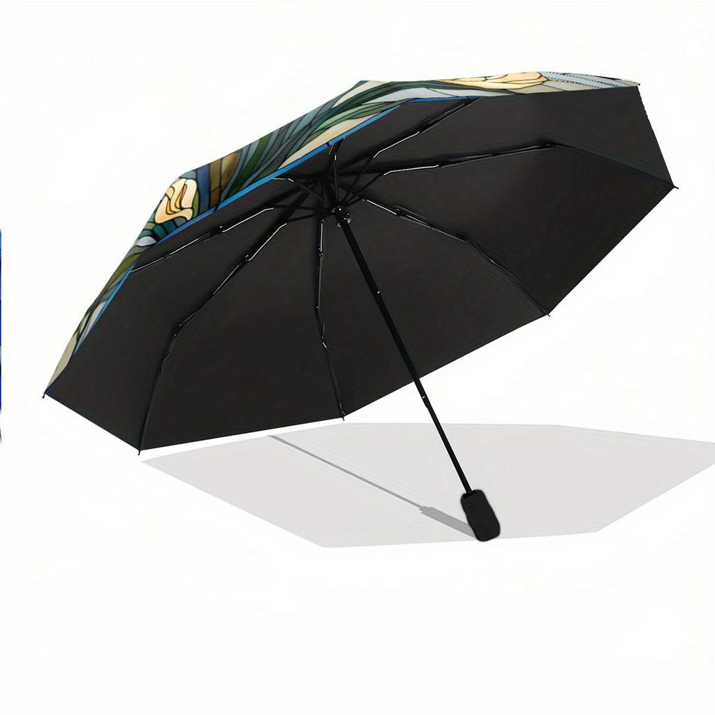 Automatic Open/Close Umbrella with Floral Design - Stained Glass Pattern In Blue & Yellow, Compact Folding Umbrella with 8-Rib