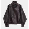 Womens Retro Streetwear PU Leather Jacket Loose Fit Stand Collar Long Sleeve Outerwear