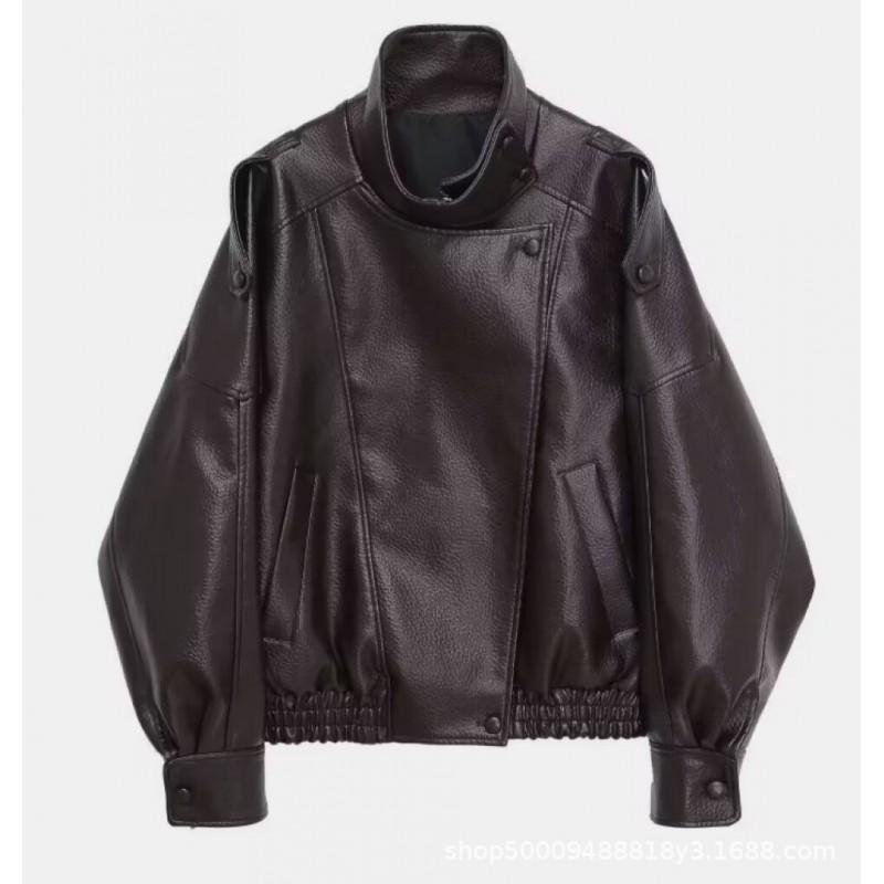Womens Retro Streetwear PU Leather Jacket Loose Fit Stand Collar Long Sleeve Outerwear