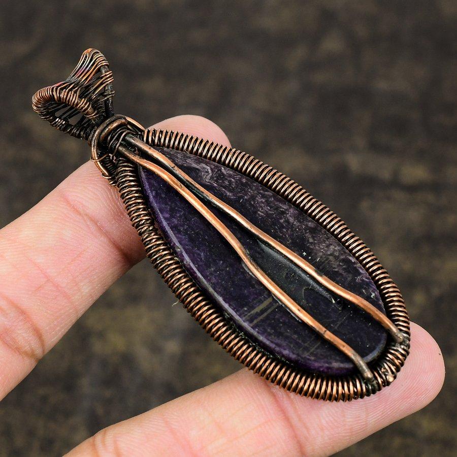 Russian Charoite Handmade Copper Wire Wrap Jewelry Pendant 2.96" o5q77
